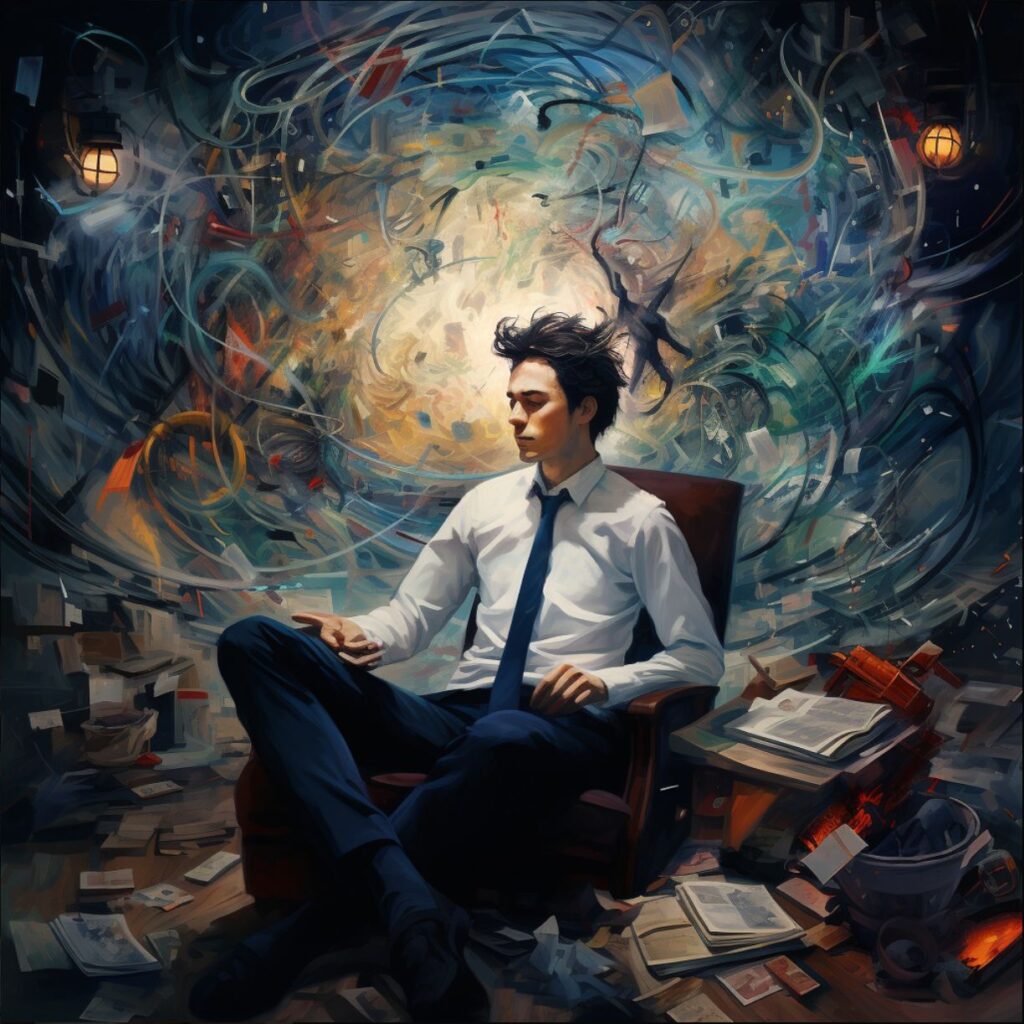 Man sitting at peace surrounded by messy life