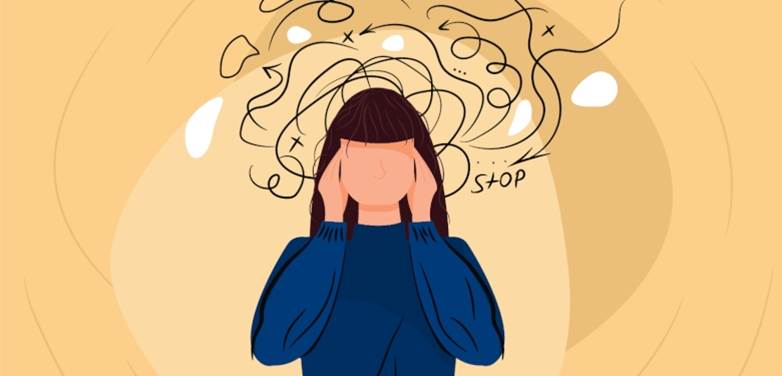 Woman holding fingers to temples with a swirling cloud around her head, representing her experiencing anxiety symptoms.