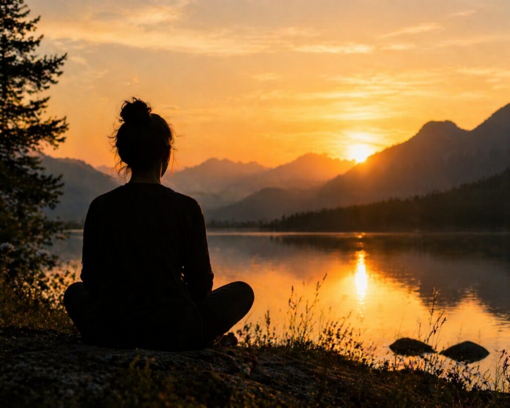 Woman sitting quietly meditating on self-acceptance in front of a lake and mountains at sunset.