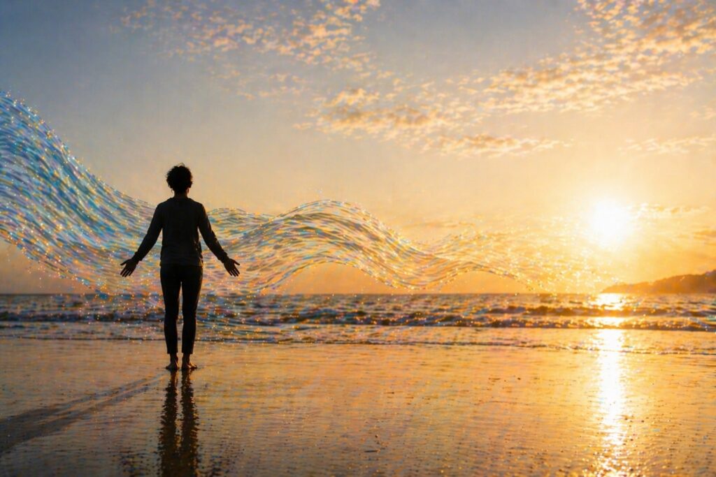 Person standing arms outstretched toward a setting sun in openness and self-acceptance, letting everything wash over them.