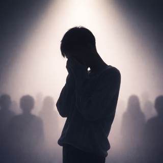 Person standing holding their head in their hands while detached from a group of people, displaying social anxiety.