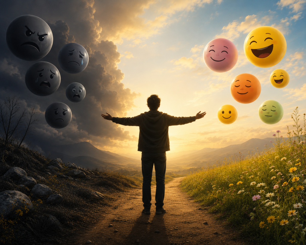 Person facing and accepting both pleasant and unpleasant emotions